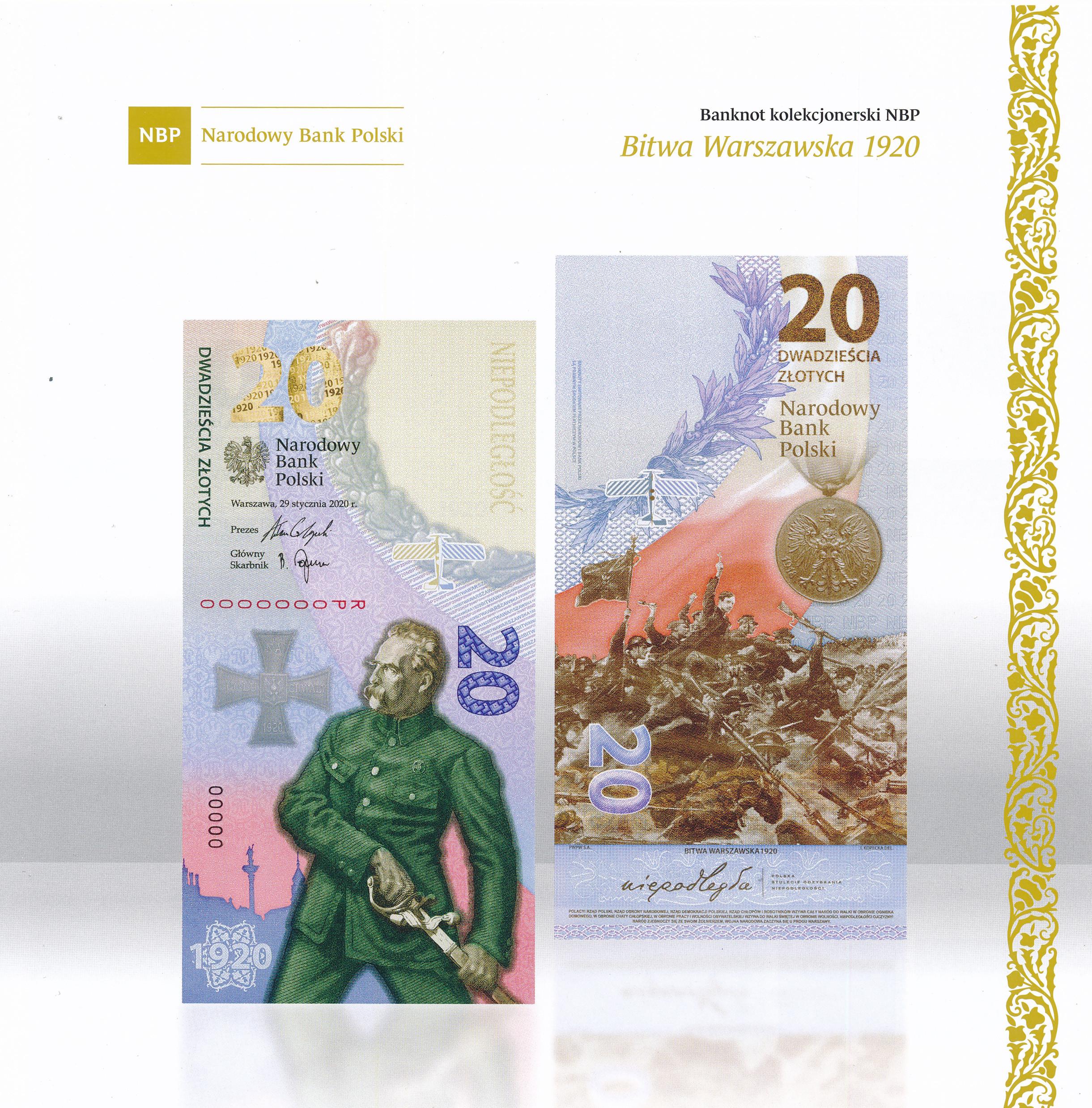 Banknot 20 złotych 2020 - Bitwa Warszawska 1920 Piłsudski st.UNC