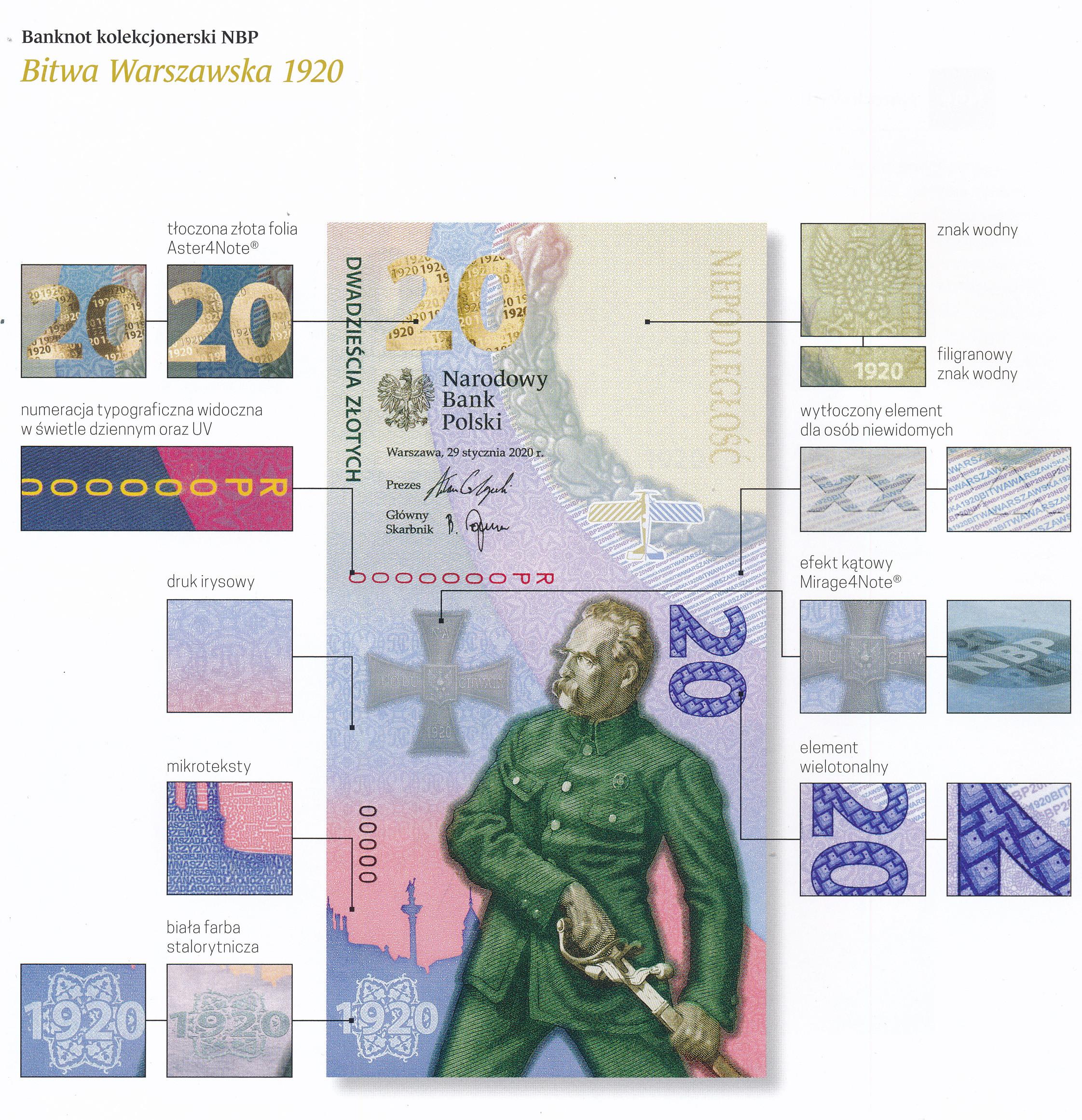 Banknot 20 złotych 2020 - Bitwa Warszawska 1920 Piłsudski st.UNC