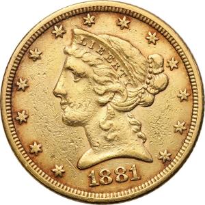 USA. Złote 5 dolarów 1881 Liberty Filadelfia