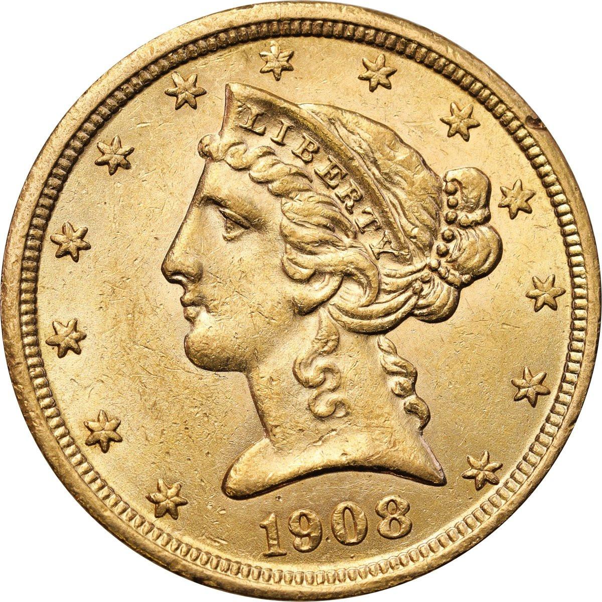 USA. Złote 5 dolarów 1908 Liberty Filadelfia