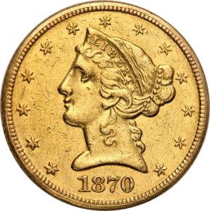 USA 5 dolarów 1870 Filadelfia - znanych mniej niż 100 sztuk - RZADKIE