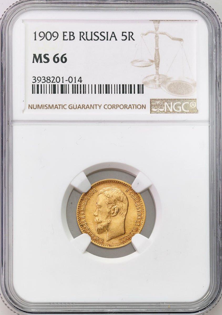 Rosja. Mikołaj II. 5 Rubli 1909 ЄБ, Petersburg NGC MS66 (2 MAX)