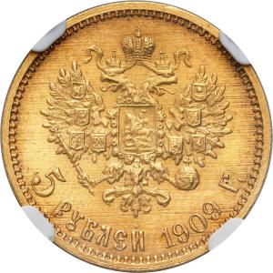 Rosja. Mikołaj II. 5 Rubli 1909 ЄБ, Petersburg NGC MS66 (2 MAX)