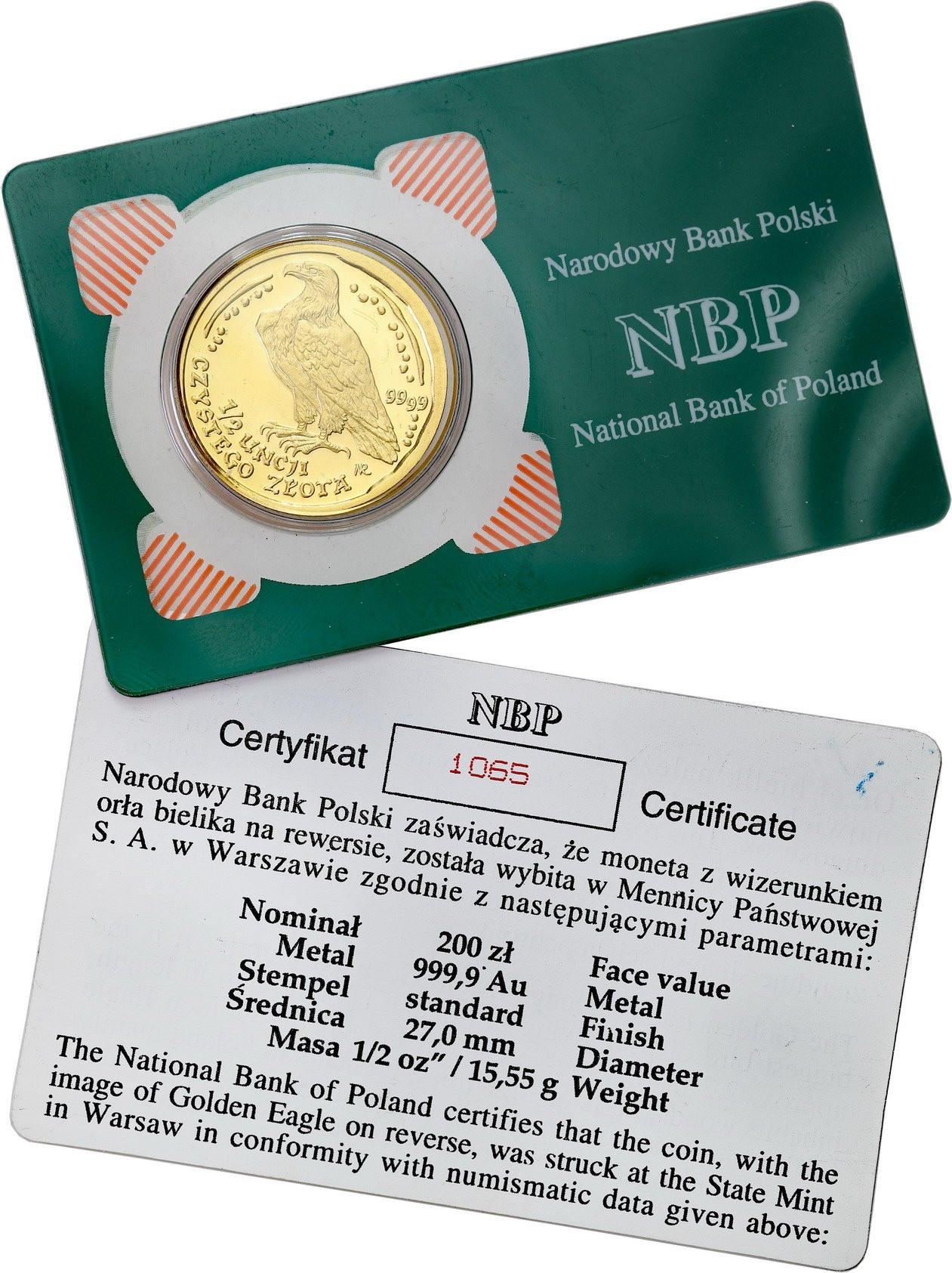 Polska. Złote 200 złotych 1996 Orzeł Bielik - 1/2 uncji złota