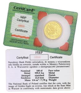 100 złotych 1996 Orzeł Bielik – 1/4 UNCJI ZŁOTO