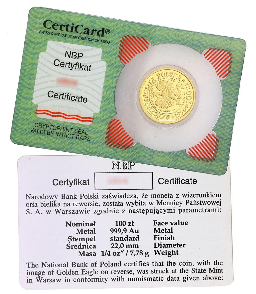 100 złotych 1996 Orzeł Bielik – 1/4 UNCJI ZŁOTO