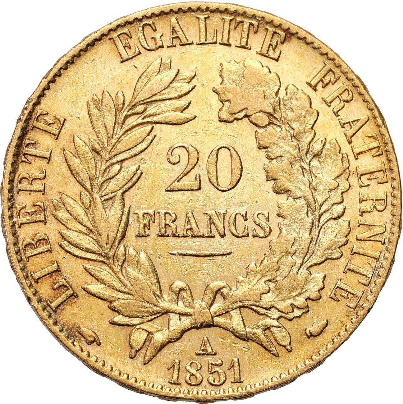 Francja. 20 franków 1851 A II Republika - RZADKIE