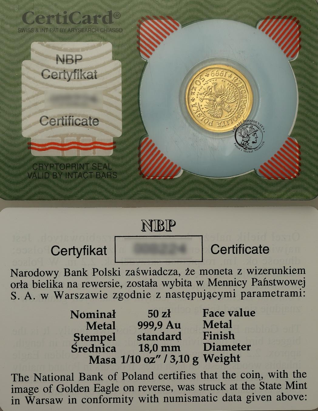 50 złotych 1999 Orzeł Bielik (1/10 uncji złota) st.L