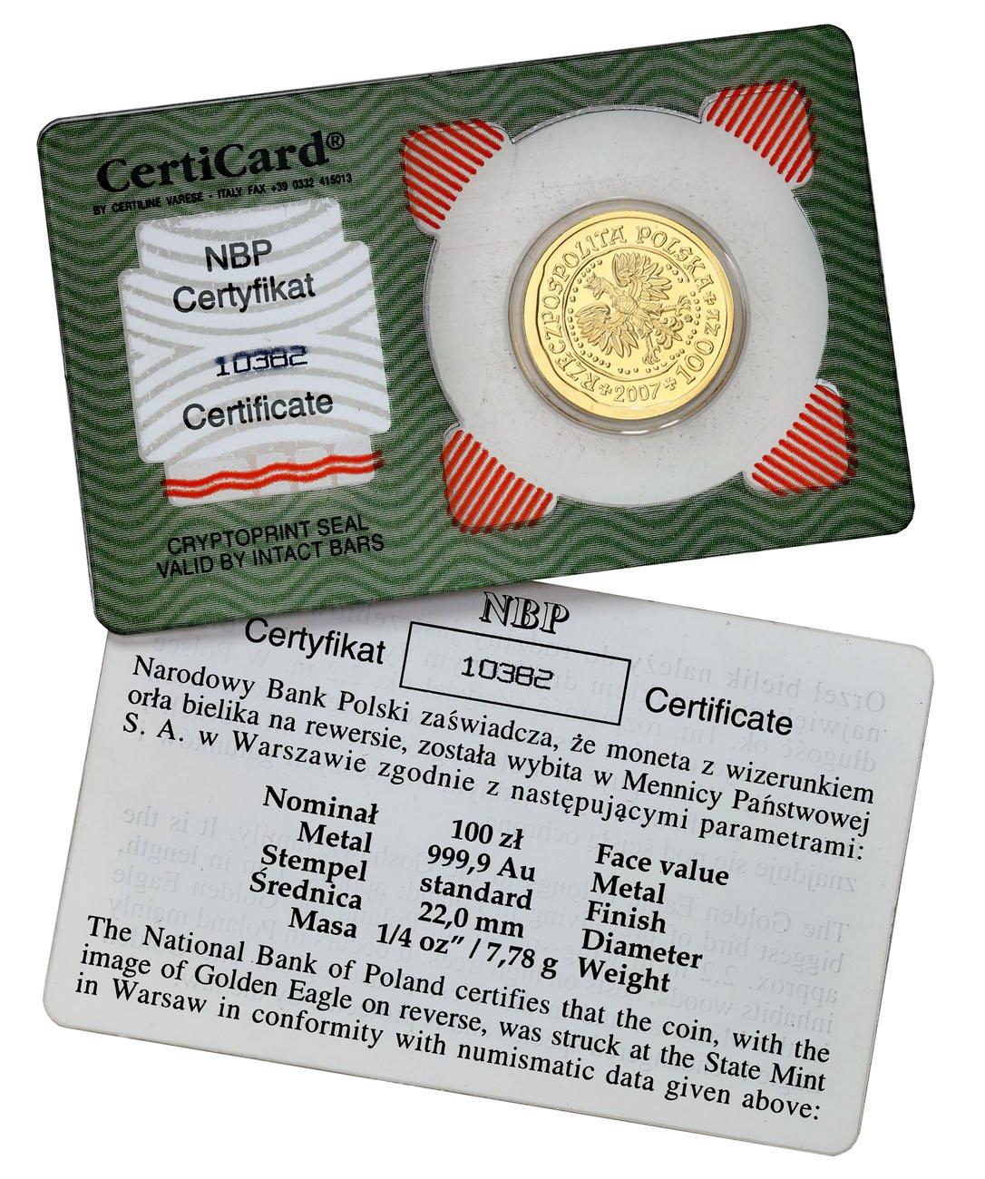 III RP. 100 złotych 2007 Orzeł Bielik - 1/4 uncji złota