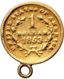 USA. Złoty 1 dolar Liberty 1853 z zawieszką
