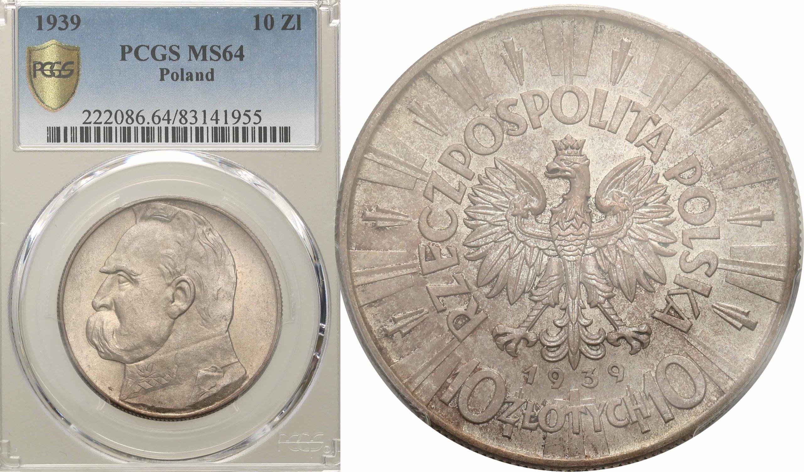 10 złotych 1939 Piłsudski PCGS MS64 PIĘKNY