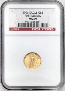 USA. Złote 5 dolarów 2006 Orzeł (Eagle) 1/10 uncji złota NGC MS69 PIERWSZE BICIE