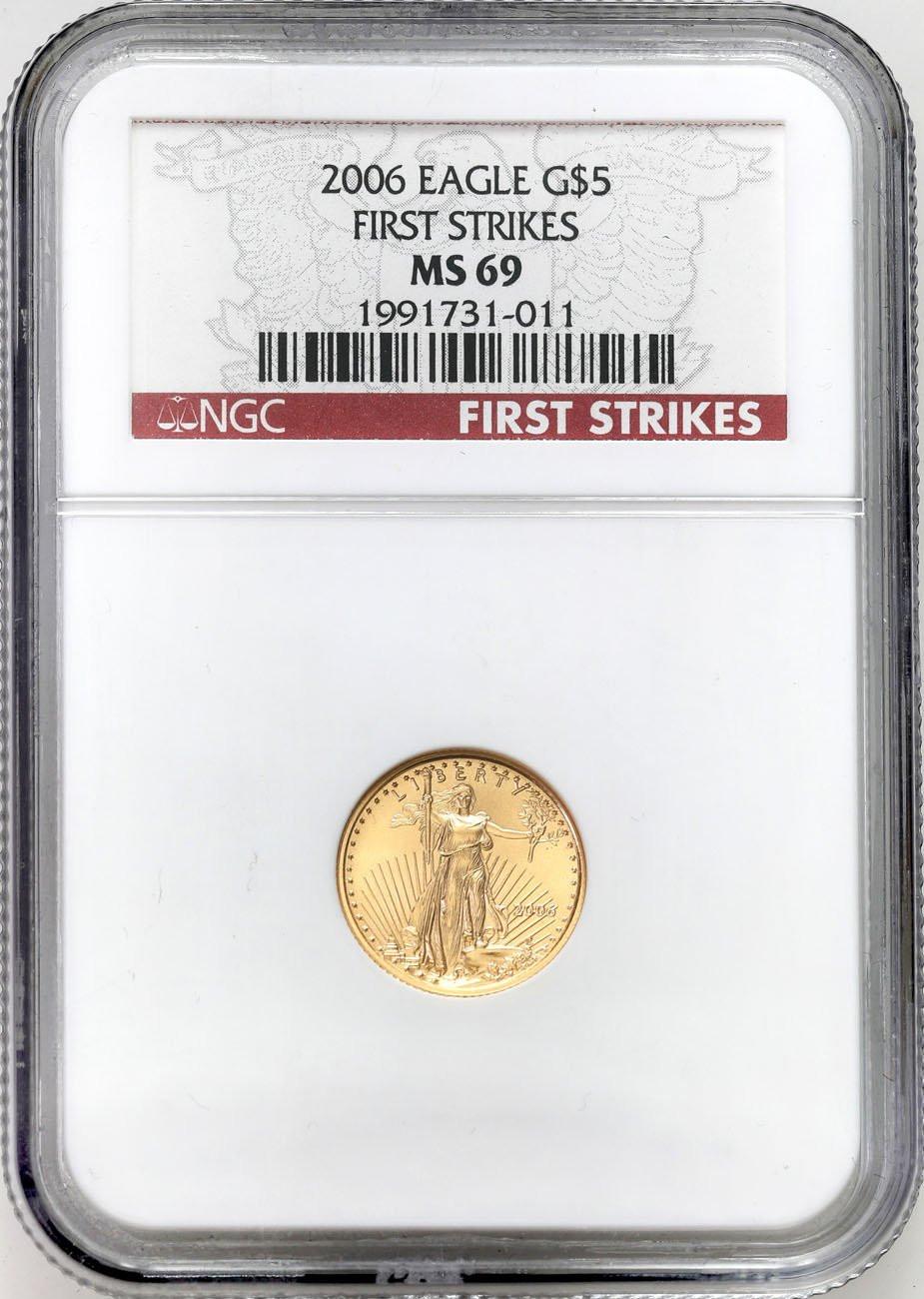 USA. Złote 5 dolarów 2006 Orzeł (Eagle) 1/10 uncji złota NGC MS69 PIERWSZE BICIE