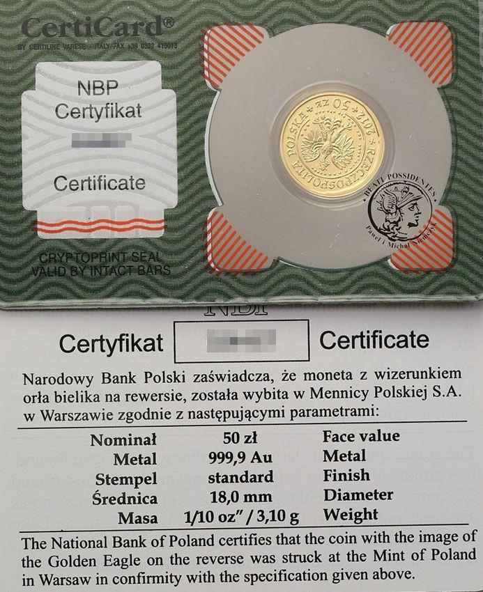 Polska III RP 50 złotych 2012 Orzeł Bielik (1/10 uncji złota) st.1