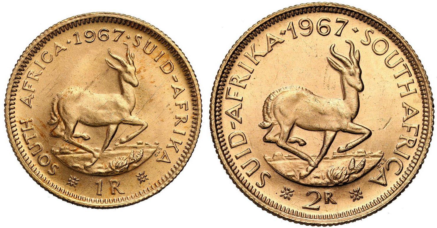 Pierwsze złote monety RPA. 1 rand 1967 + 2 randy 1967 w pudełku - ZŁOTO