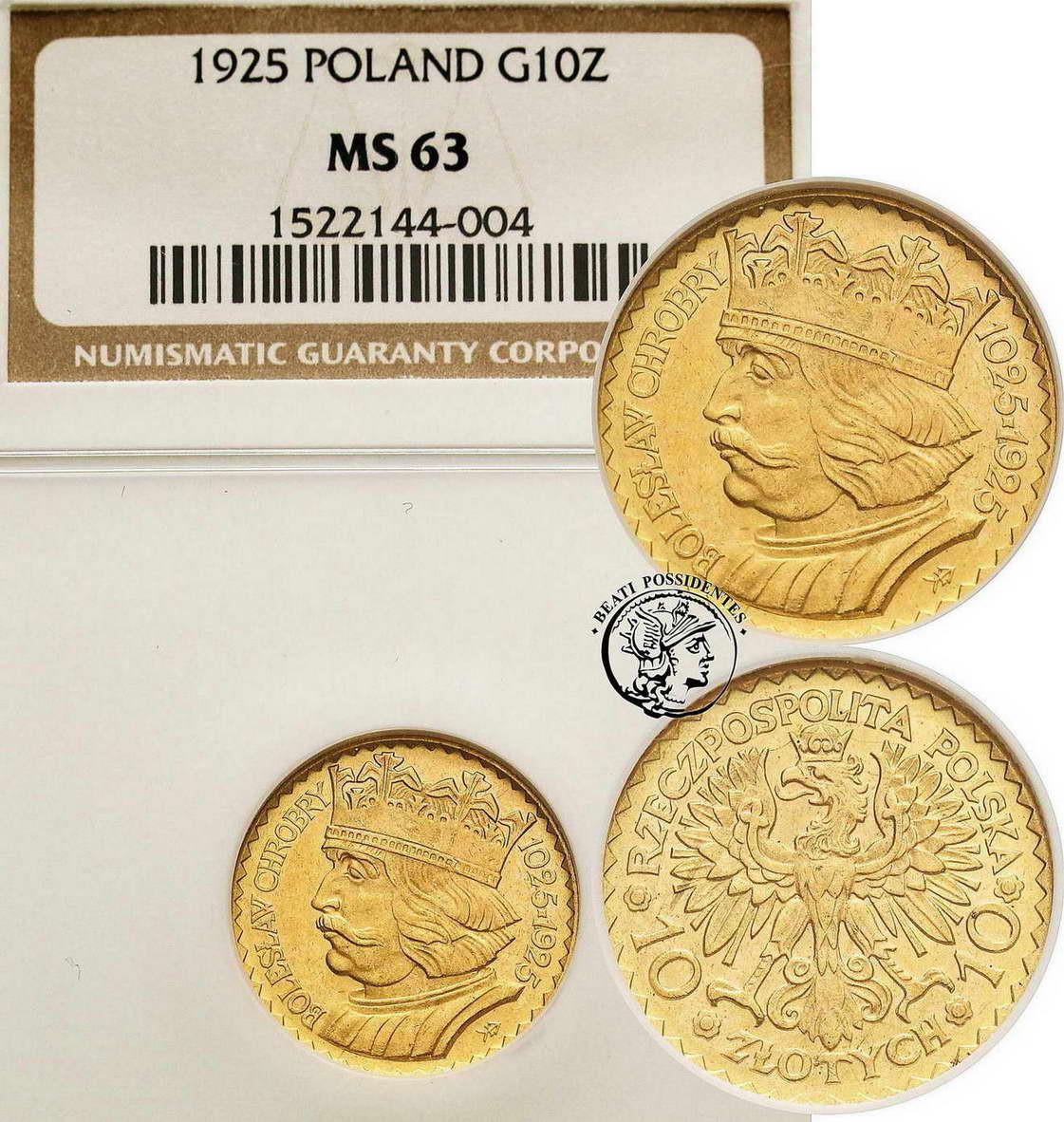 Polska II RP 10 złotych 1925 Chrobry NGC MS63