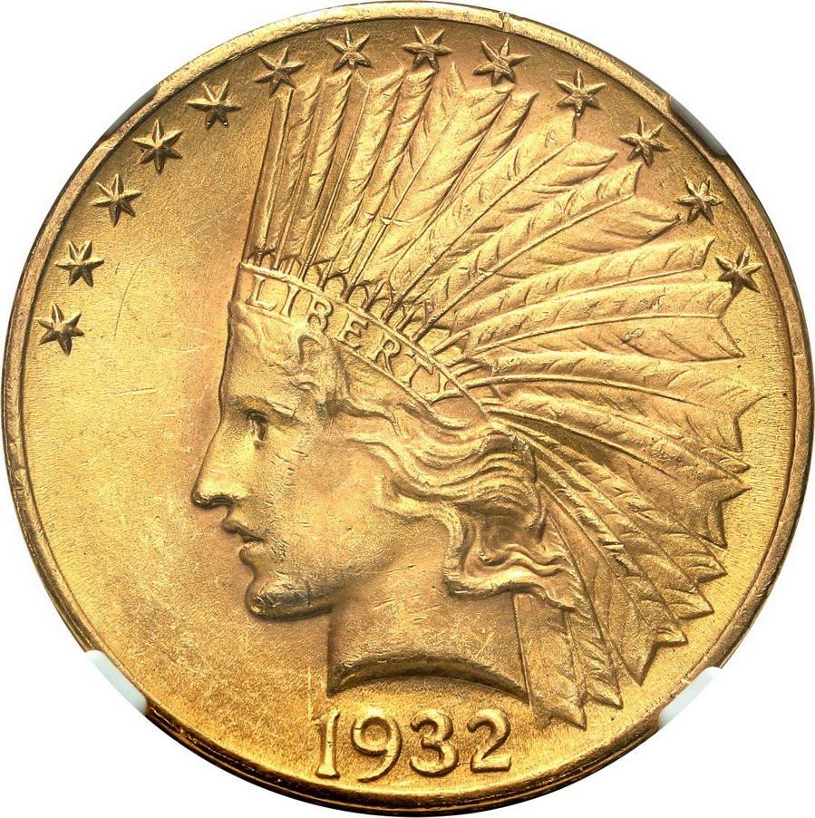 USA. Złote 10 dolarów 1932 Indianin NGC MS63 - RZADKIE