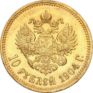 Rosja Mikołaj II. 10 rubli 1904 (AP), Petersburg - rzadszy rocznik