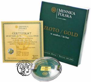 Polska złoto w sztabce Mennica Polska 10 g Au .999,9 2009 st.1