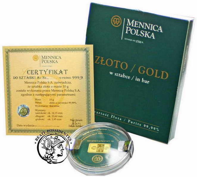 Polska złoto w sztabce Mennica Polska 10 g Au .999,9 2009 st.1