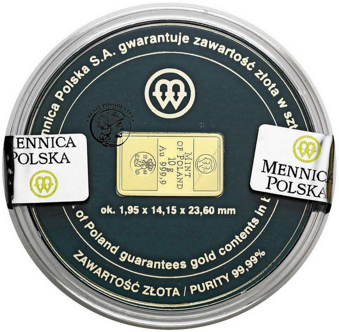 Polska złoto w sztabce Mennica Polska 10 g Au .999,9 2009 st.1