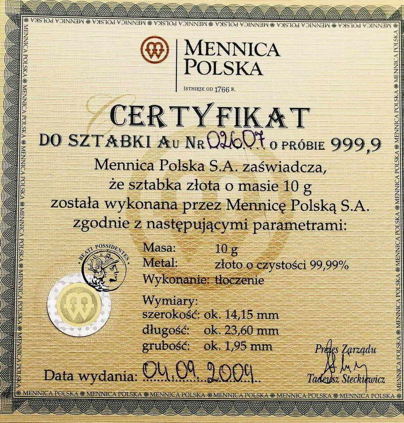 Polska złoto w sztabce Mennica Polska 10 g Au .999,9 2009 st.1