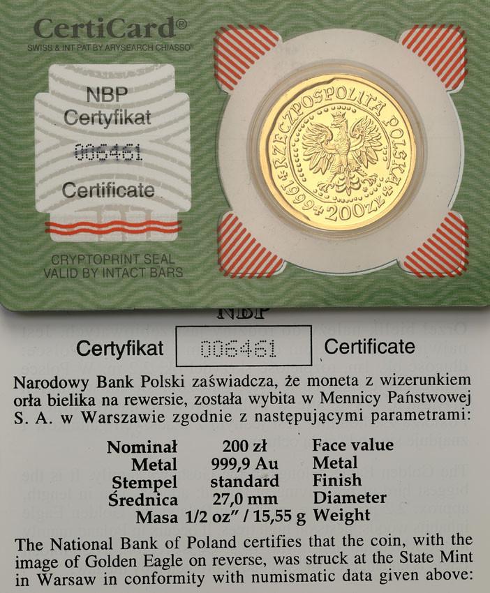 200 złotych 1999 Orzeł Bielik - 1/2 uncji złota