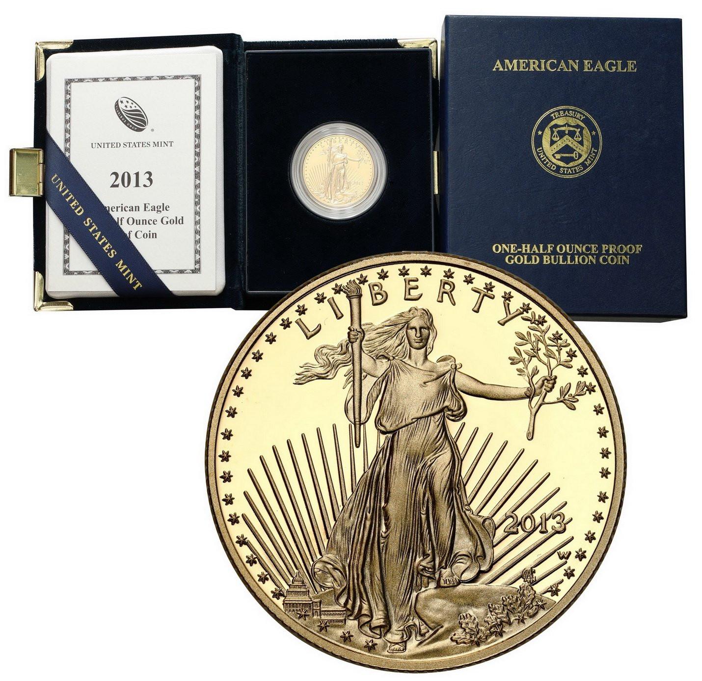 USA. Złote 25 $ dolarów 2013 Orzeł (Eagle) - LUSTRZANY – 1/2 uncji złota