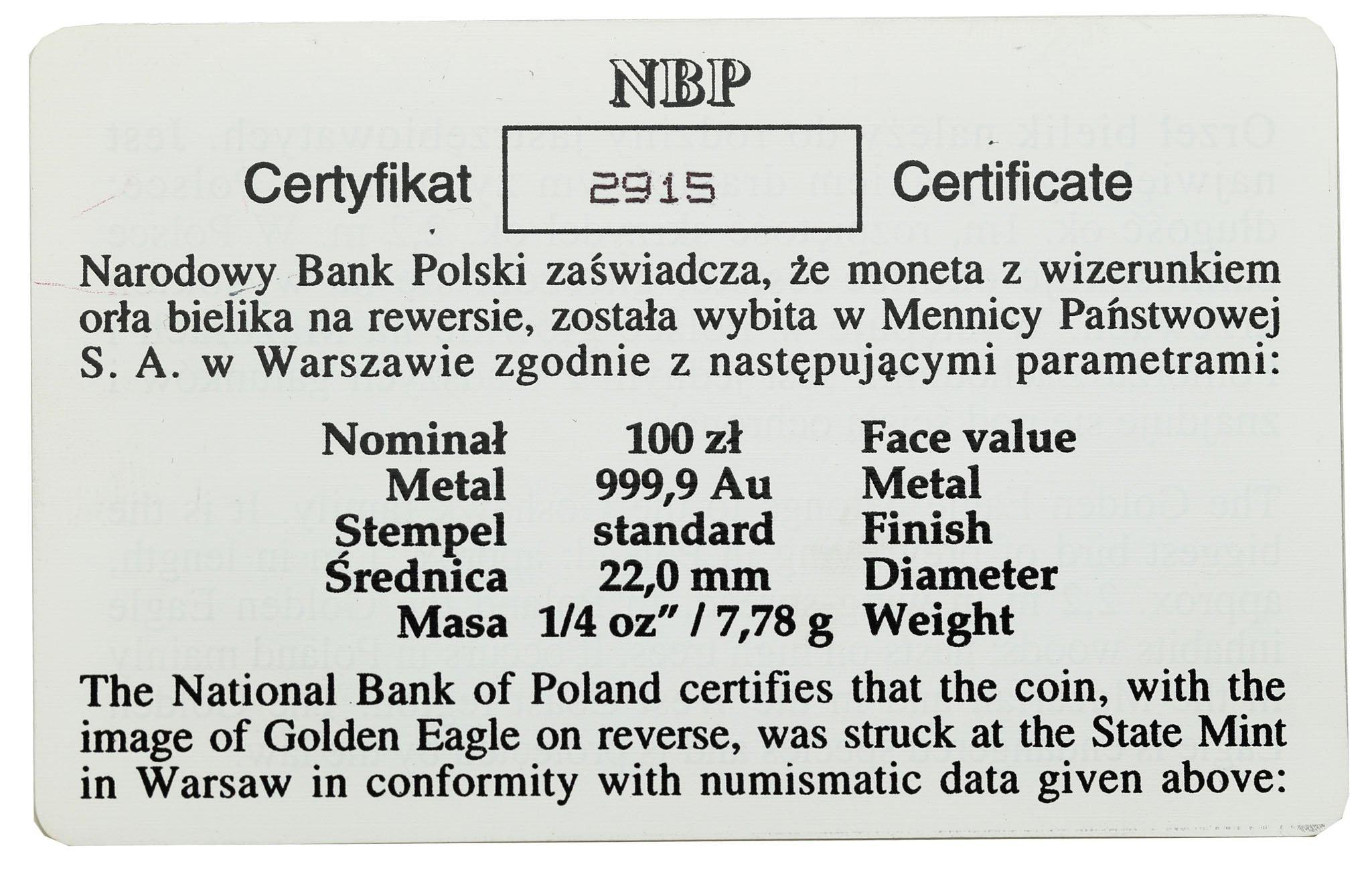 100 złotych 1995 Orzeł Bielik – 1/4 UNCJI ZŁOTO