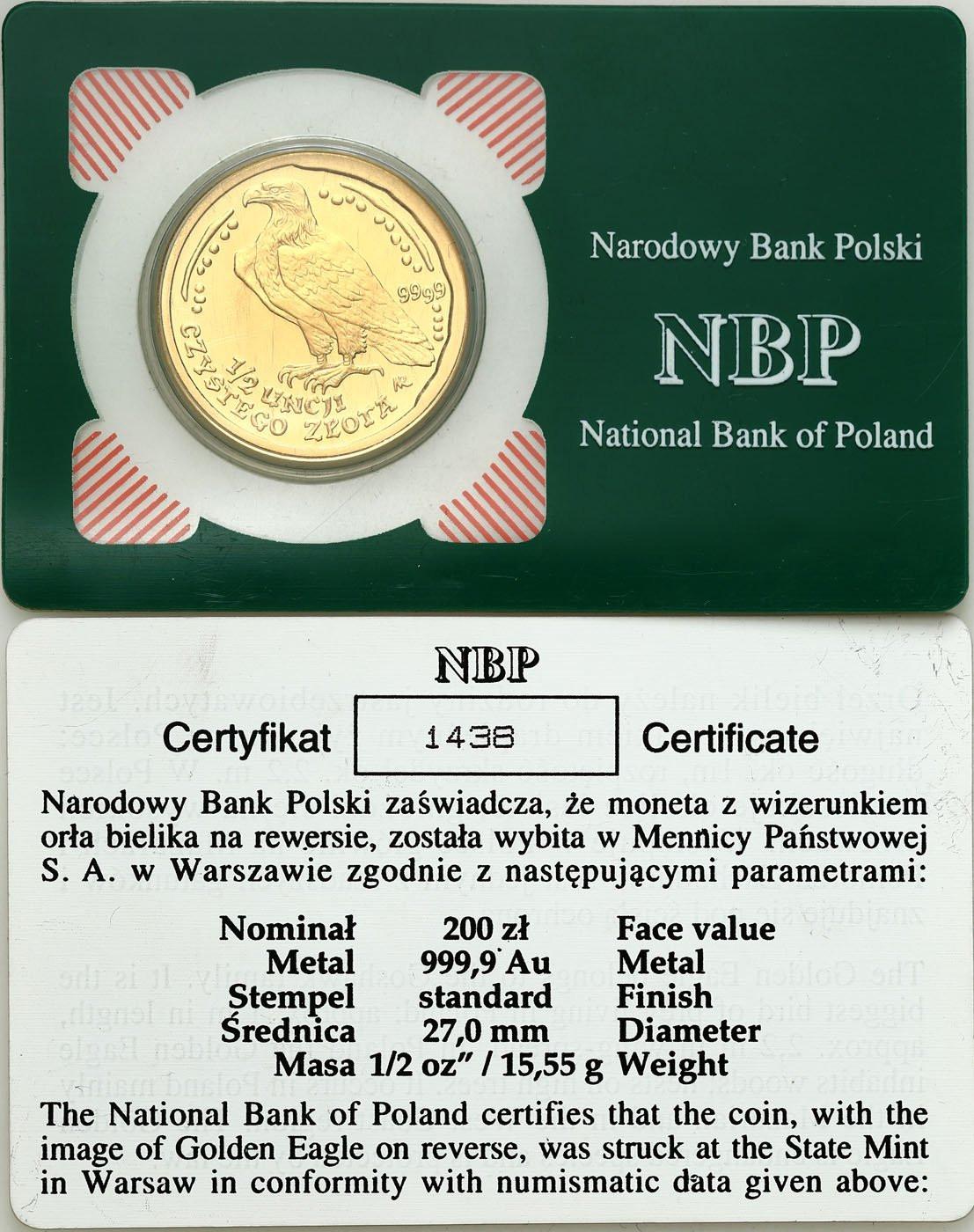 Polska. 200 złotych 1995 Orzeł Bielik - 1/2 UNCJI ZŁOTO