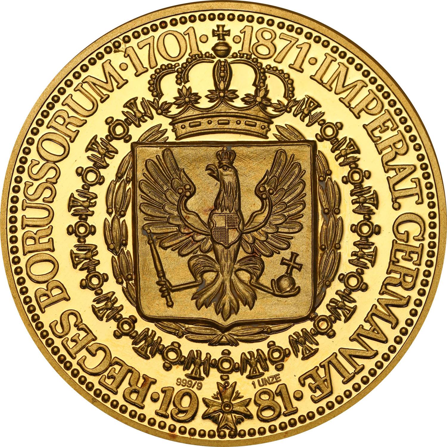 Niemcy. Medal pamiątkowy - panowanie królów pruskich w latach 1701-1871 RZADKOŚĆ - Uncja ZŁOTA
