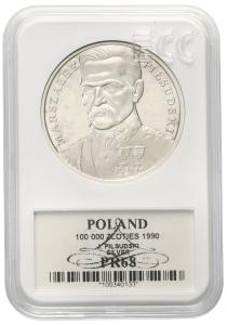 III RP. 100.000 złotych 1990 Piłsudski - Mały Tryptyk GCN PR68