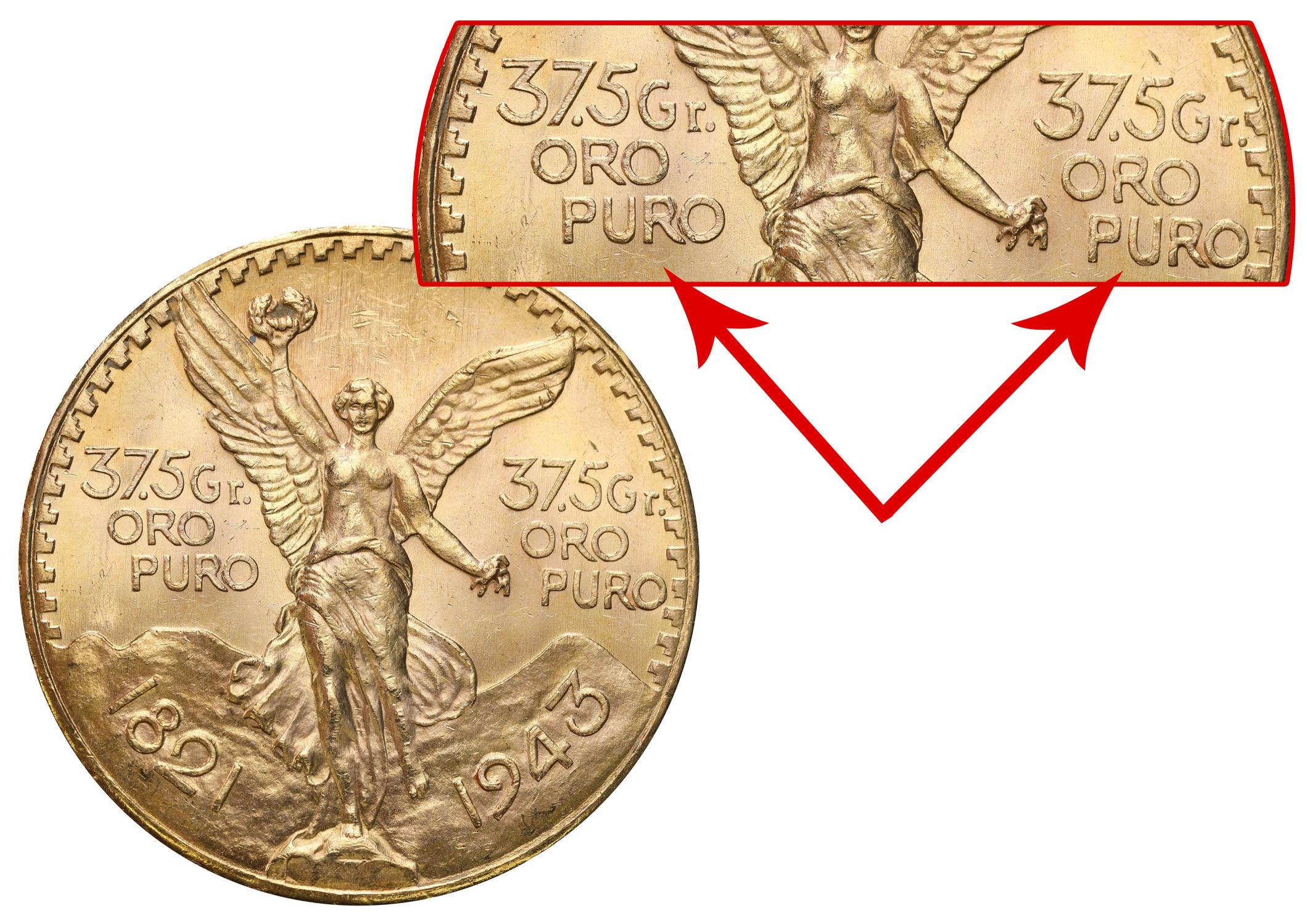 Meksyk 50 Pesos 1943 - RZADKIE - podwójne oznaczenie złota na monecie
