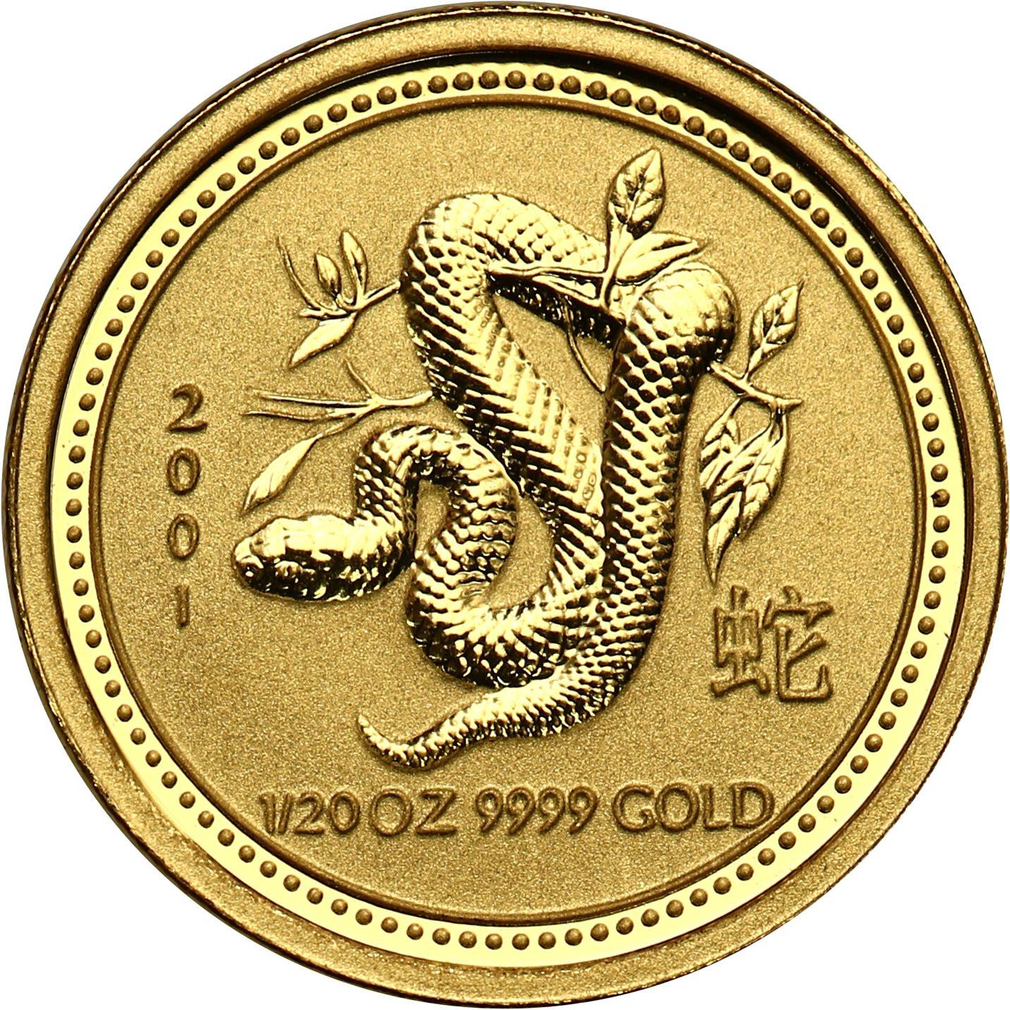 Australia. Złote 5 dolarów 2001 - ROK WĘŻA - 1/20 uncji złota