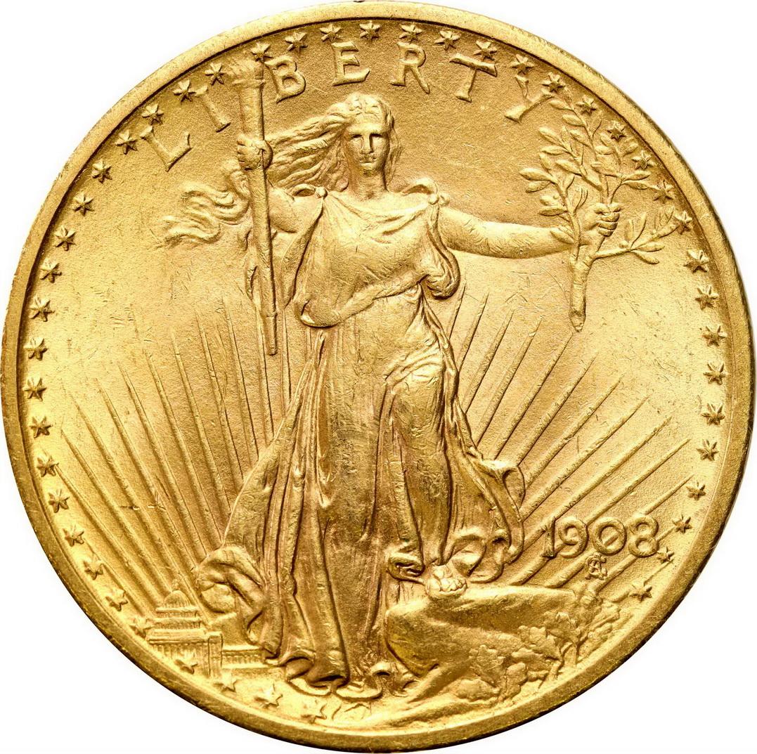 USA. Złote 20 $ dolarów 1908 Filadelfia St. Gaudens - WYŚMIENITA
