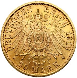 Niemcy. Prusy Wilhelm II 20 marek 1913 A, Berlin - Mundur - PIĘKNE