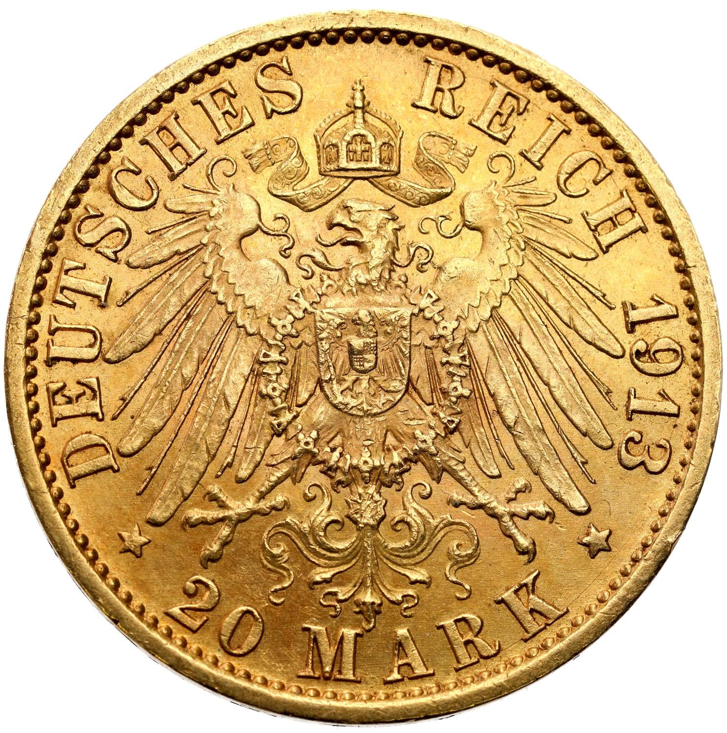 Niemcy. Prusy Wilhelm II 20 marek 1913 A, Berlin - Mundur - PIĘKNE