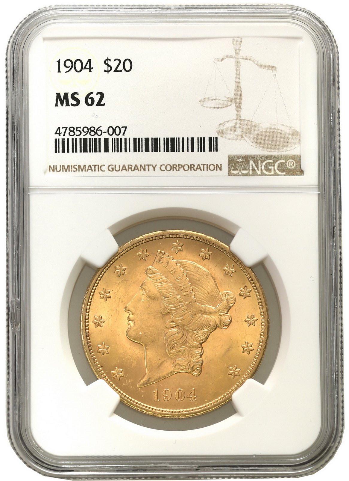 USA. Złote 20 $ dolarów 1904 Liberty Filadelfia NGC MS62 - PIĘKNY
