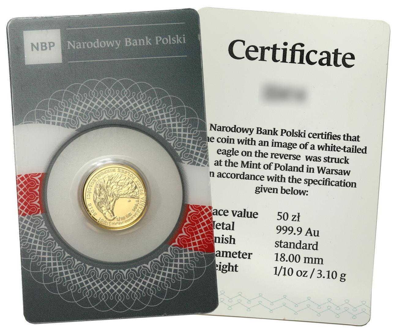 50 złotych 2018 Orzeł Bielik odzyskanie niepodległości - 1/10 uncji złota