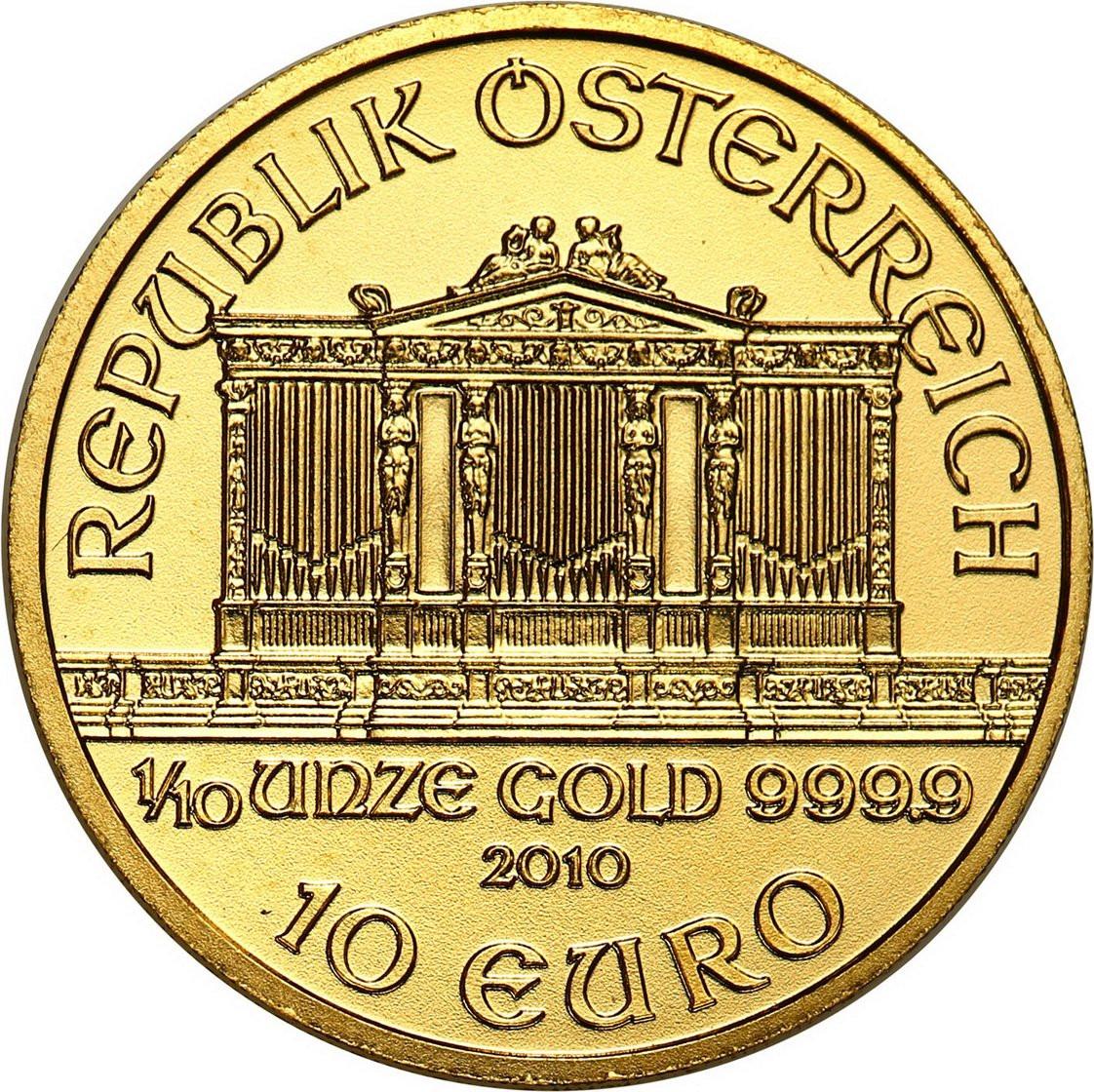 Austria. 10 Euro 2010 Filharmonicy - 1/10 uncji złota