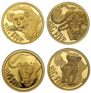 Kongo i Kamerun. 100 franków 2013-2017 Wielka Piątka - zestaw 4 monet ZŁOTO
