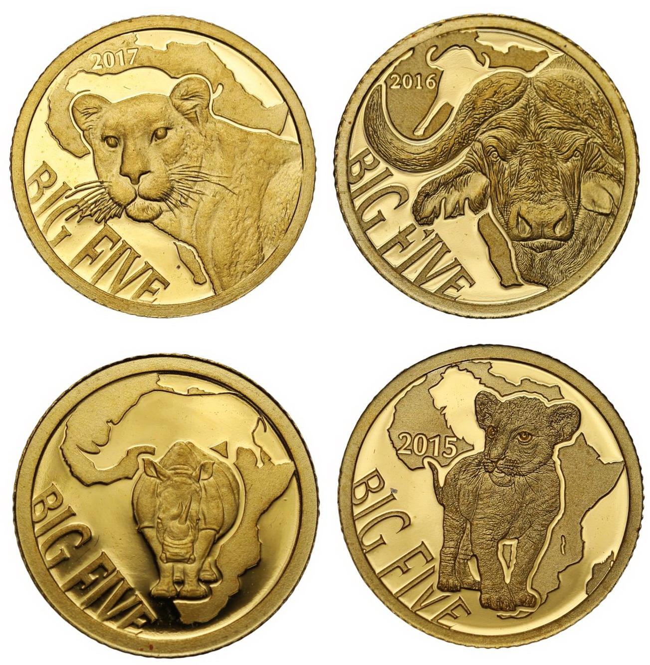 Kongo i Kamerun. 100 franków 2013-2017 Wielka Piątka - zestaw 4 monet ZŁOTO