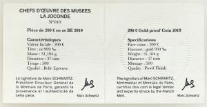 Francja 200 euro 2019 Mona Lisa - La Joconde 1 uncja ZŁOTA