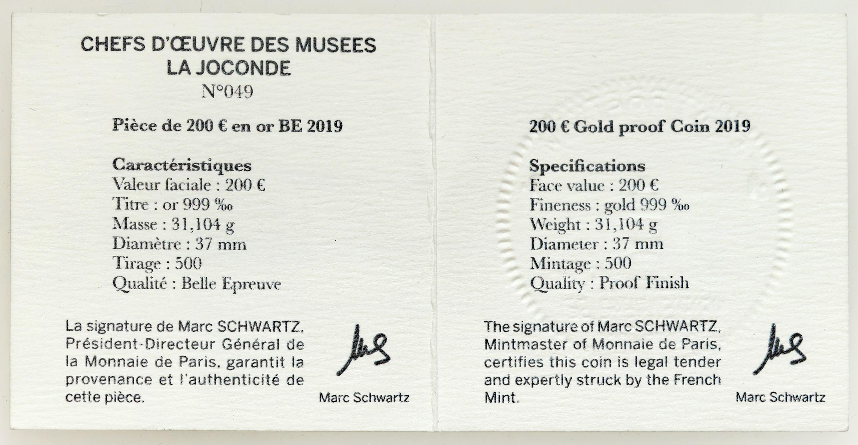 Francja 200 euro 2019 Mona Lisa - La Joconde 1 uncja ZŁOTA
