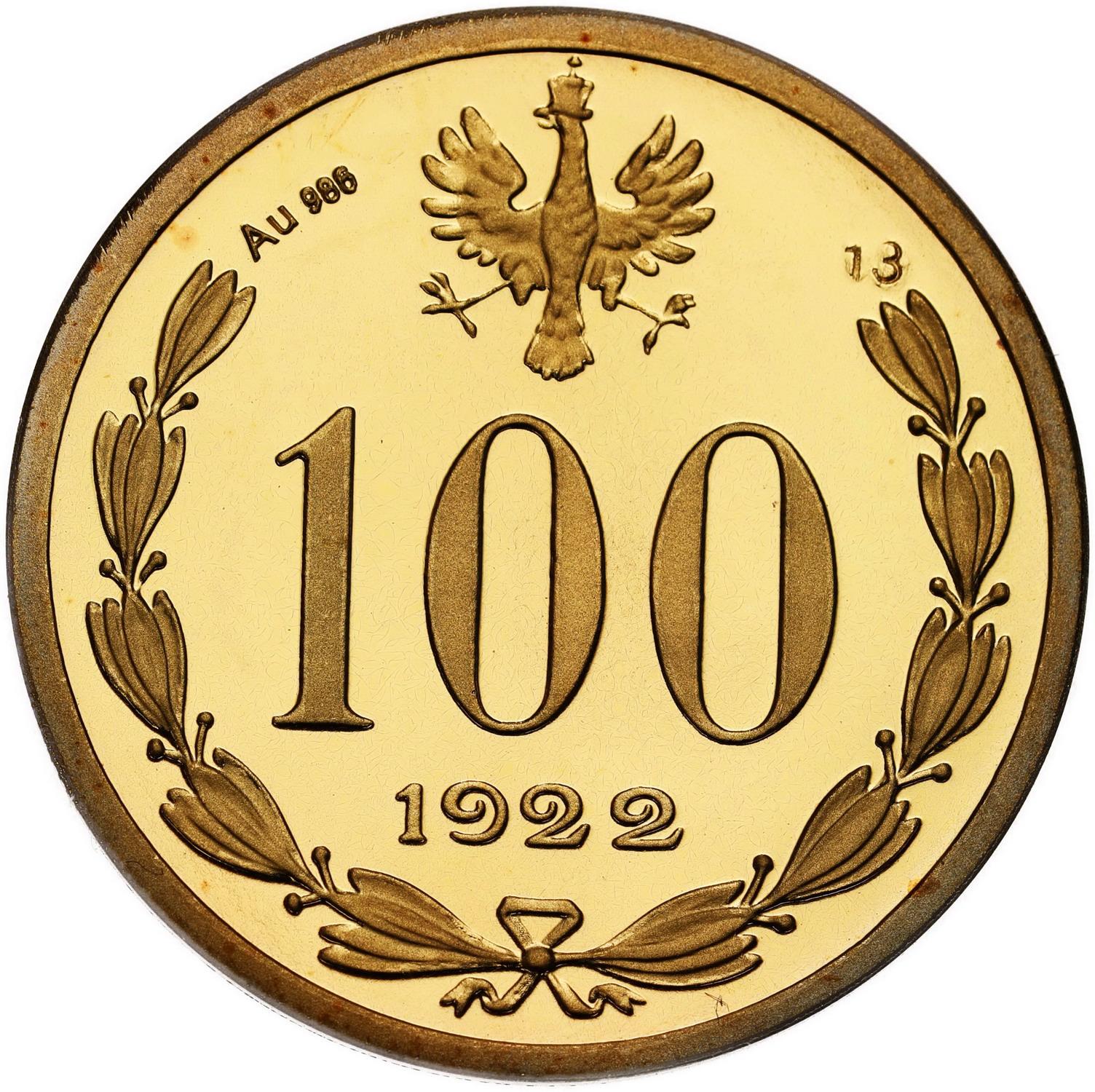REPLIKA / KOPIA 100 Marek 1922 Piłsudski TYLKO 20 sztuk! ZŁOTO