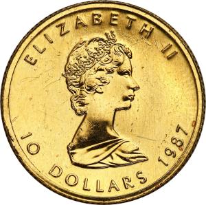 Kanada. 10 dolarów 1987 Liść Klonowy – 1/4 uncji złota