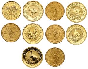 Złote monety, miniatury najpopularniejszych złotych monet uncjowych na świecie - 10 sztuk - ZŁOTO
