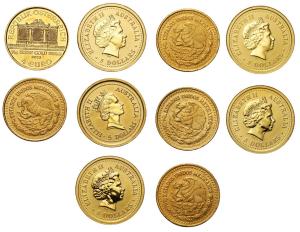 Złote monety, miniatury najpopularniejszych złotych monet uncjowych na świecie - 10 sztuk - ZŁOTO