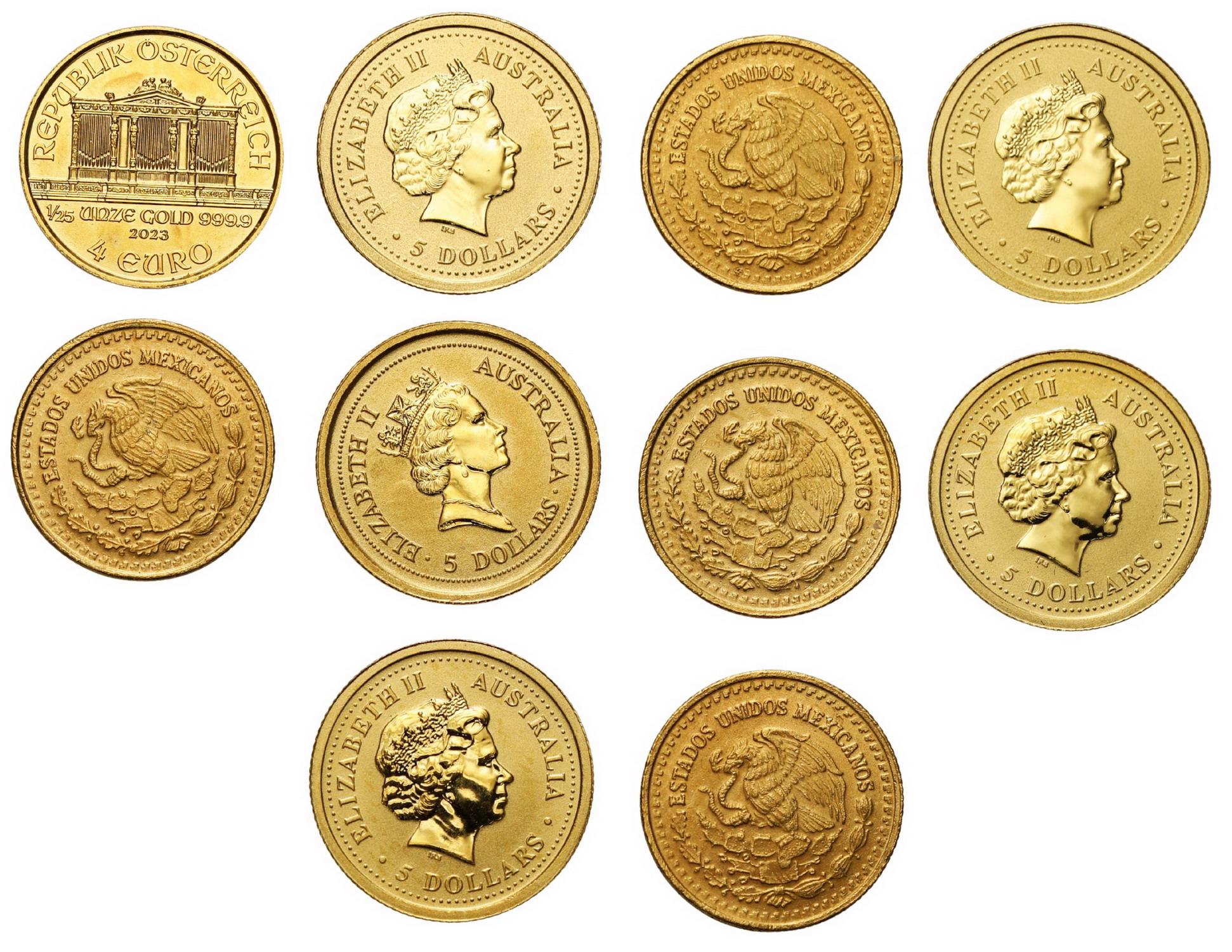 Złote monety, miniatury najpopularniejszych złotych monet uncjowych na świecie - 10 sztuk - ZŁOTO