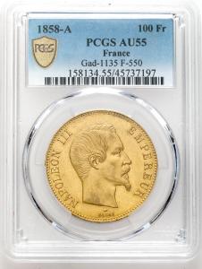 Francja, Napoleon III (1852-1870). 100 franków 1858 A, Paryż PCGS AU55